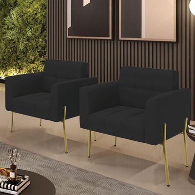 Poltrona Pé De Ferro Dourado Para Sala Kit 2 Elisa Veludo D03 - D'rossi Cor Preto
