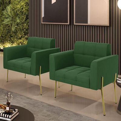 Poltrona Pé De Ferro Dourado Para Sala Kit 2 Elisa Suede D03 - D'rossi Cor Verde