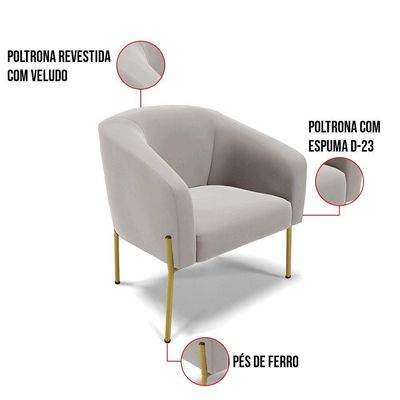 Poltrona Pé De Ferro Dourado Sala De Estar Stella Veludo Cinza D03 - D'rossi