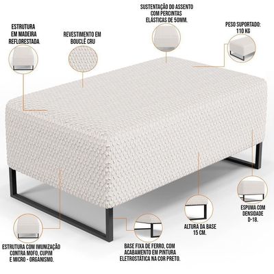 Kit 02 Puff Decorativo Para Sala De Estar Cléo Base De Ferro Preto 90 Cm W01 Bouclê Cru - Lyam