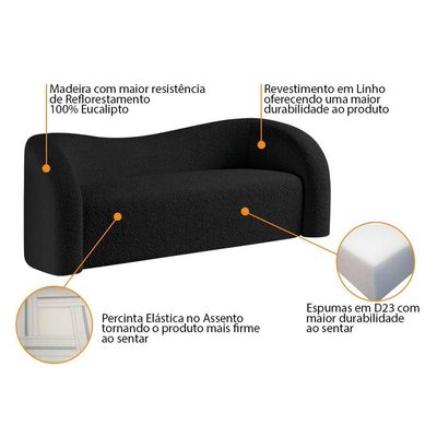 Sofá Curvo 3 Lugares Orgânico Coréia 200cm Linho Preto