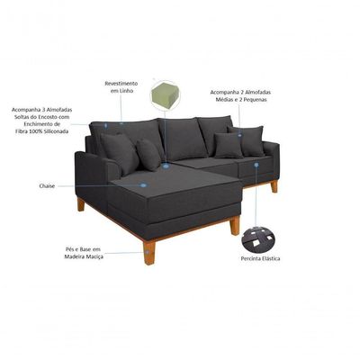 Sofá Living Beny Com Chaise Para Sala De Estar Confortável Império Grafite 199