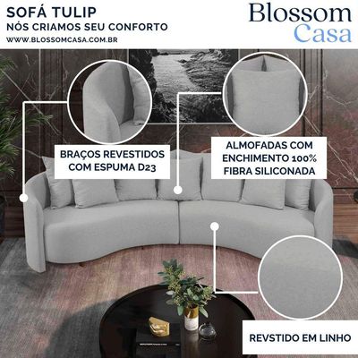 Sofá Tulip Orgânico 2,88m Em Linho Com Pés De Madeira Cor Gelo 2322