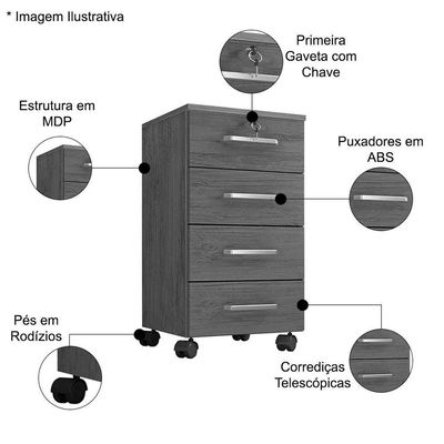 Kit 2 Gaveteiros Para Escritório Com Chave E Rodízios 4 Gavetas Gávea Freijó
