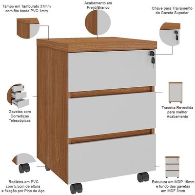 Gaveteiro Para Escritório Com Rodízios 03 Gavetas Unik A02 Freijó Branco - Lyam Decor