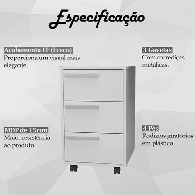 Gaveteiro Para Escritorio Gamer 3 Gavetas E 4 Rodizios Branco B26 Novam Branco