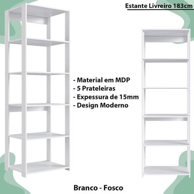 Estante Livreiro 183x60cm 05 Prateleiras Branco Proddy Branco