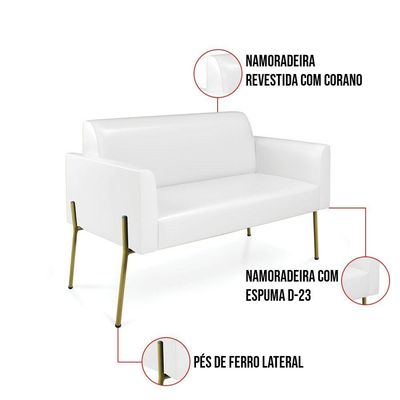 Sofá Namoradeira 2 Lugares Pé De Ferro Dourado Marisa Corano Branco D03