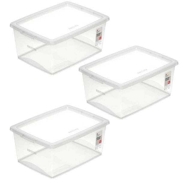 Kit 3 Caixas Organizadoras 15L Plástico com Tampa My Closet Ordene Transparente Retangular
