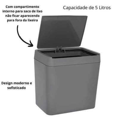 Lixeira Pequena 5L Crippa Cozinha Pia Escritório Retangular Cinza Tornado com Aro Interno