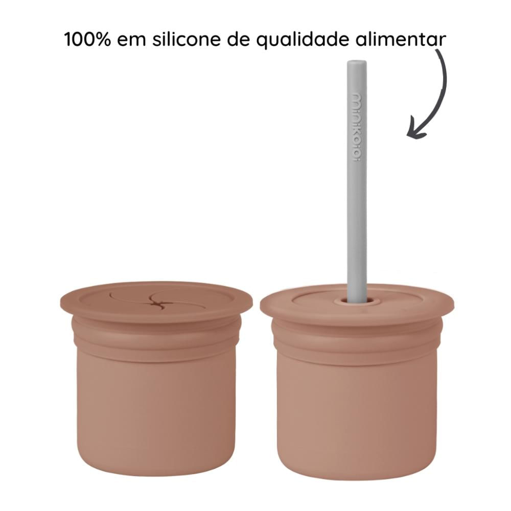 Copo Snack com Canudo Silicone Sip + Snack Brown e Grey - Minikoioi