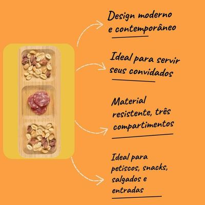 Kit 2 Petisqueiras 3 Divisórias 25x10cm Bandeja de Bambu Ent