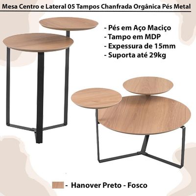 Kit Mesa Centro E Lateral Chanfrada Pes Metal Preto Hanover Artesano Hanover Preto