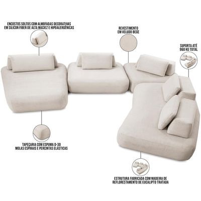 Sofá De Canto Com Chaise Para Sala Living 330x325cm Shape T03 Veludo Bege - Lyam Decor
