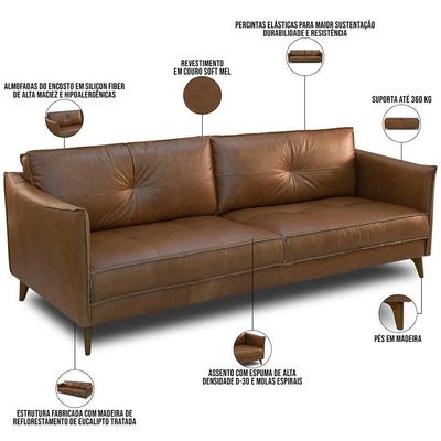 Sofá 3 Lugares Para Sala De Estar Living 224cm Oásis T03 Couro Soft Mel - Lyam Decor