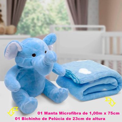 Manta e Bichinho Pelúcia Buettner Baby Microfibra Elefante Azul