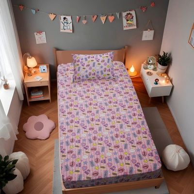 Jogo de Cama Solteiro Portallar Malha Misto Estampado Chic Love 2 Pçs com Elástico Rosa