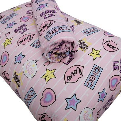 Jogo de Cama Solteiro Portallar Malha Misto Estampado Chic Love 2 Pçs com Elástico Rosa