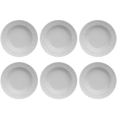Jogo 6 Pratos Fundos Redondos 23,5cm em Porcelana com Relevo Tassel Germer Branco
