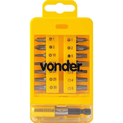 Jogo de bits/ponteiras com 15 peças encaixe sextavado 1/4" com engate rápido VONDER