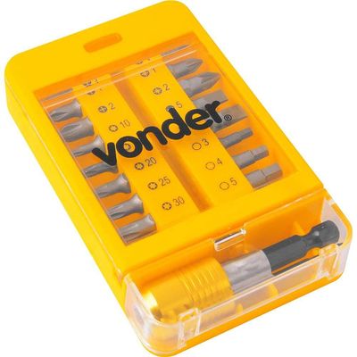 Jogo de bits/ponteiras com 15 peças encaixe sextavado 1/4" com engate rápido VONDER