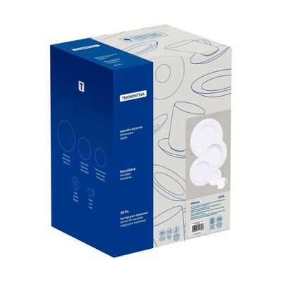 Aparelho de Jantar Porcelana Branca Tramontina Vibrare 20 Peças Pratos Xícaras Pires