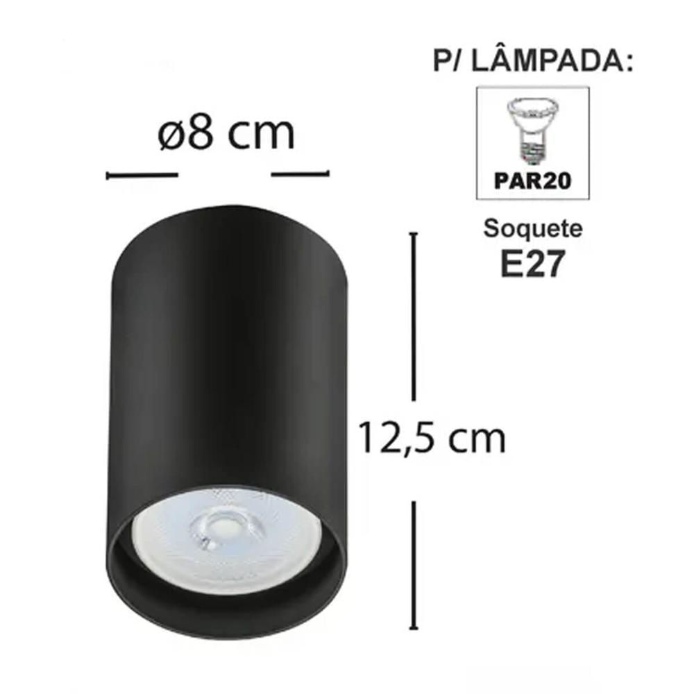 Kit 6 Spots de Sobrepor Zoom Pretos Luminária de Teto Redonda 8x12,5cm Bivolt 1 Lâmpada PAR20