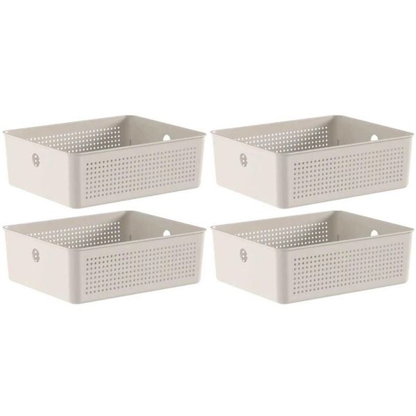 Kit 4 Caixas Organizadoras Ou Multiuso 12L Bege Flow 34x27x13cm Lavanderia Closet Banheiro