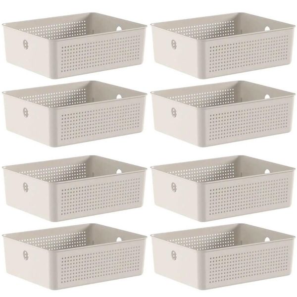 8 Caixas Organizadoras Multiuso Flow Bege 12L Ou Cestos Plásticos Lavanderia Closet