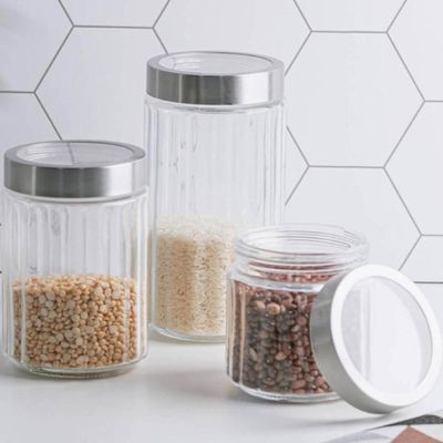 Kit 6 Potes de Vidro Porta Mantimentos 1,2L Tampa Inox Lyor Organizador de Condimentos