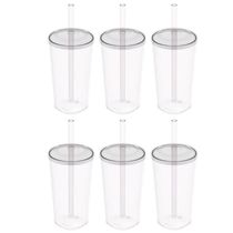Kit 6 Copos com Tampa e Canudo 500ml Crippa Transparente Plástico Água Suco Bebidas