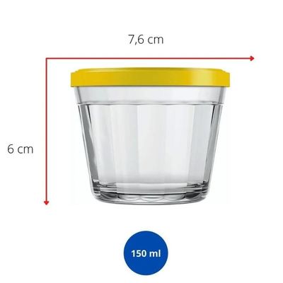 Kit 6 Potes Americanos Tigelas Pequenas de Vidro 150ml Marinex com Tampa Plástica Colorida