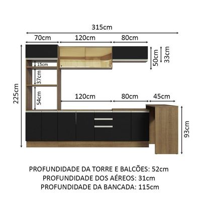 Cozinha 315001 Com Armário, Balcão E Bancada Rustic/Preto