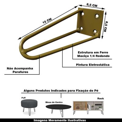 Kit 6 Pés De Metal 15 Cm Hairpin Legs Mesas De Centro Puffs Dourado G41