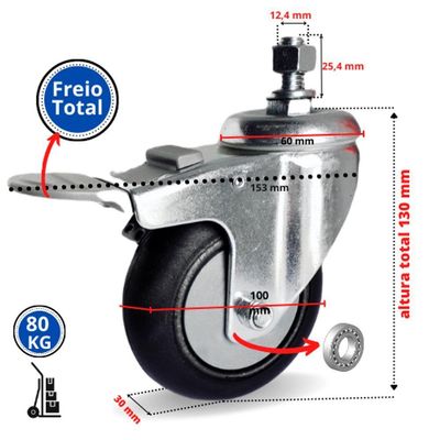 Rodizio gir. Espiga 4 Pol. c/ Freio Roda Pvc c/ Rolamento