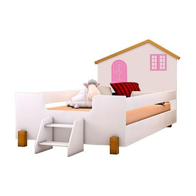 Cama Solteiro Casinha Belíssima Branco-mel E Rosa Com Colchão - Divaloto