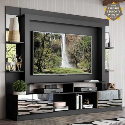 Estante Com Espelho E Suporte Para Tv Até 65´´ Oslo Fg3381 Preta/madeirada