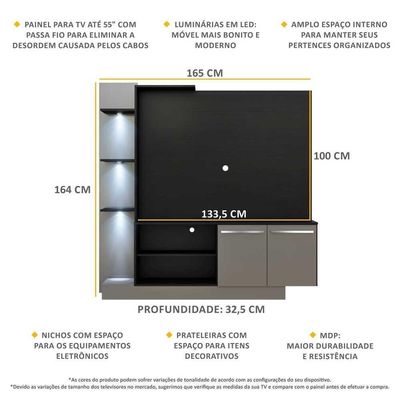 Estante Com 3 Leds Para Tv Até 55´´ Dallas Fg3399 Preta/lacca Fumê