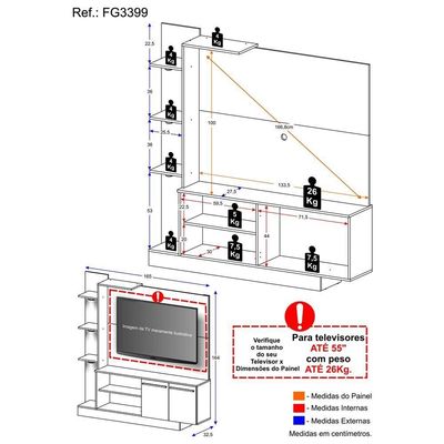 Estante Com 3 Leds Para Tv Até 55´´ Dallas Fg3399 Preta/lacca Fumê