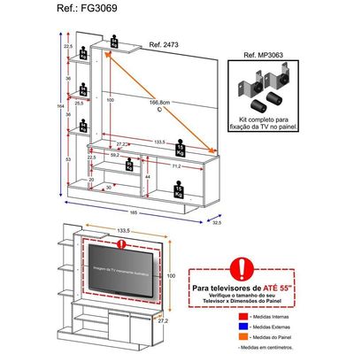 Estante Com Suporte Para Tv Até 55´´ Denver Fg3069 Madeirada/preta