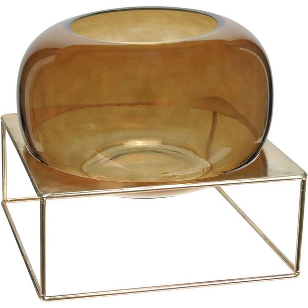 Vaso Decorativo Enfeite Casa Home&co Com Suporte Metal Vidro 23x27x27cm âmbar