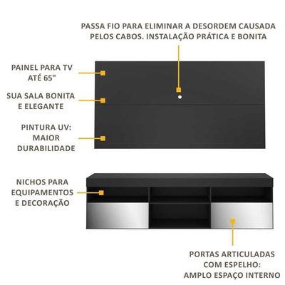 Rack Com Espelho E Painel Para Tv Até 65´´ Flórida Fg3137 Preto