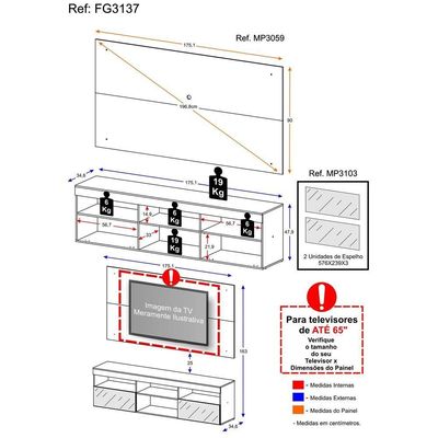 Rack Com Espelho E Painel Para Tv Até 65´´ Flórida Fg3137 Preto