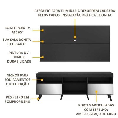 Rack Com Painel Retrô Com Espelho Para Tv Até 65´´ Flórida Fg3138 Preto
