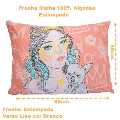 Fronha Portallar Malha 100% Algodão Estampa Localizada Girl óculos e Cachorro 48cmx68cm Branco