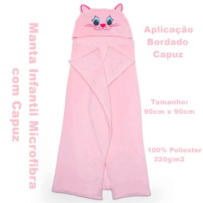 Manta com Capuz Buettner Microfibra Infantil Miau 90cmx90cm Rosa Claro