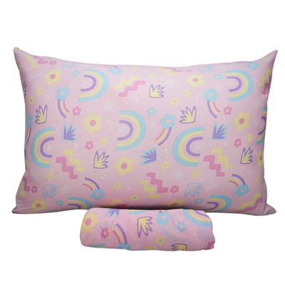 Jogo de Cama Solteiro Portallar Malha Misto Estampado Rainbow 2 Pçs com Elástico Rosa
