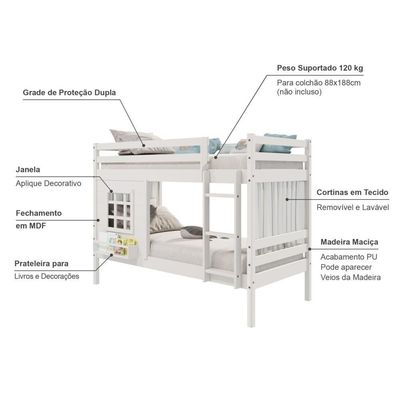 Beliche Infantil Com Janela E Cortina Madeira Maciça Branco Housin
