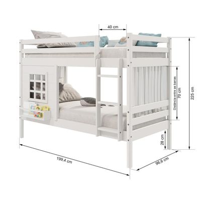 Beliche Infantil Com Janela E Cortina Madeira Maciça Branco Housin