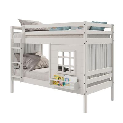 Beliche Infantil Com Janela E Cortina Madeira Maciça Branco Housin